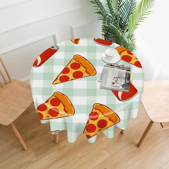 RKSupls 60 Inch Round Tablecloth, Pizza Pattern Green Premium Polyester Straight Edge Wrinkle Resistant Washable Table Cover for Party Home Dining Decor