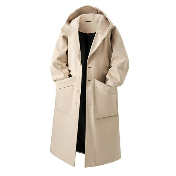 successthop Mens Hooded Trench Coat with Pockets Single Breasted Outwear Long Sleeve Solid Stylish Jacket Brown 2XL