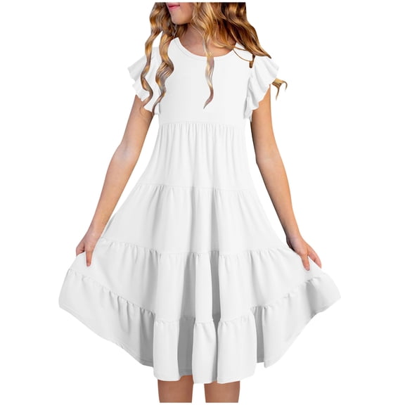 Ruffle Sleeve Dresses for Girls Round Neck Flowy Fashion Short Sleeve Solid Color Casual Basic Long Dress