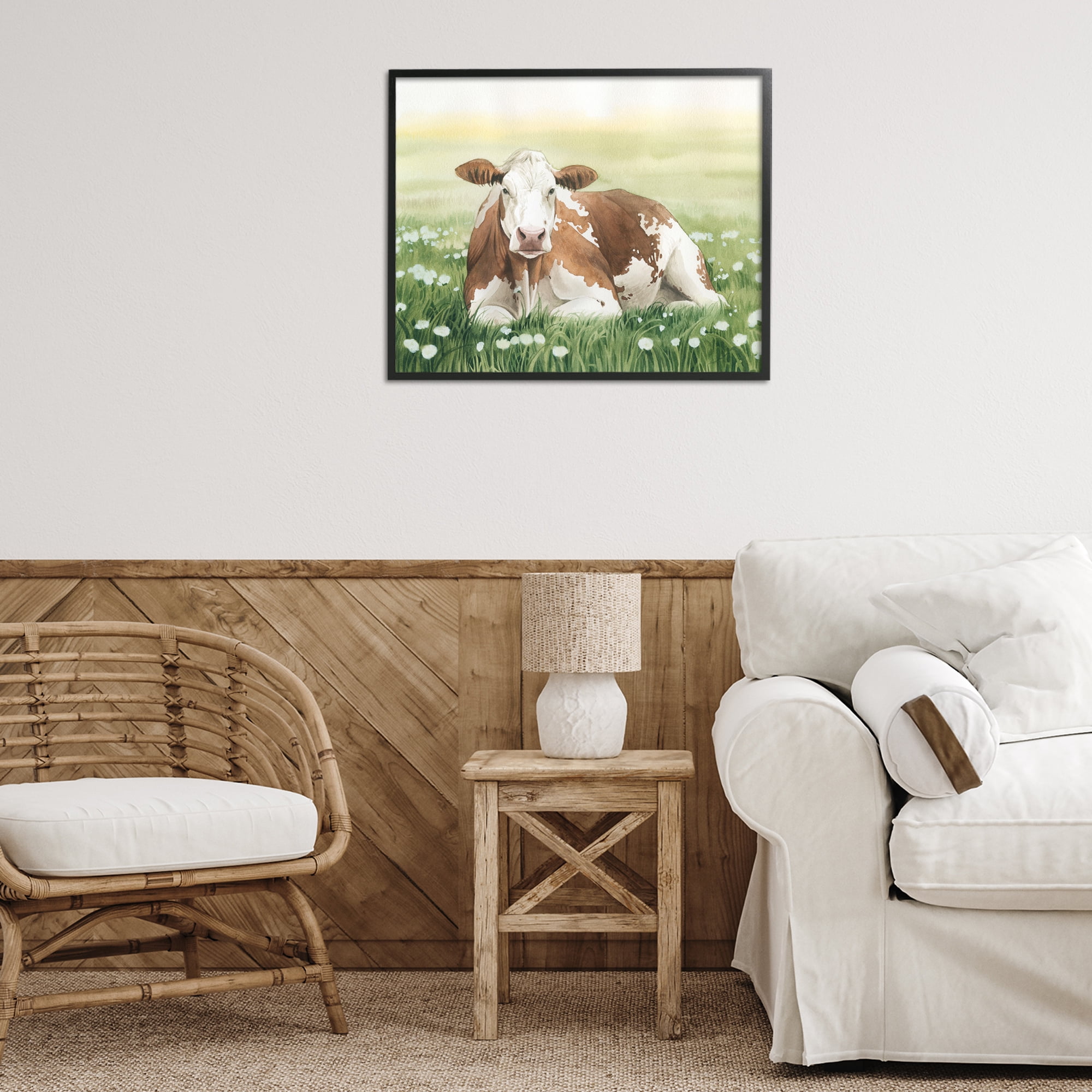 Stupell Industries Cow & Meadow Blossoms Animals & Insects Painting Black Framed Art Print Wall Art, 30 x 24
