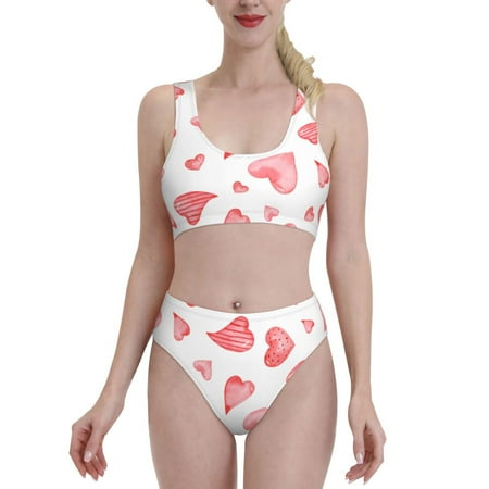 Bixox Pink Hearts Pattern Two-Piece Sports Bikini with U-Shaped Top and High-Waist Bottom - Women s Swimwear with Removable Bra Pads