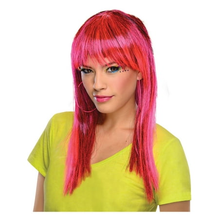 Adult Womens Costume Long Neon Glamorous Pink Black Straight Bangs Wig