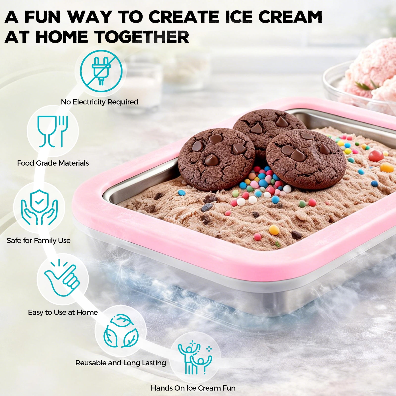 Rolled Ice Cream Maker with Quick Start Guide - DIY Instant Ice Cream Tray Kit, 2 Scrapers for Manual Homemade Ice Cream Rolls, Frozen Yogurt, Sorbets & Slushies, No Electricity Needed（pink）