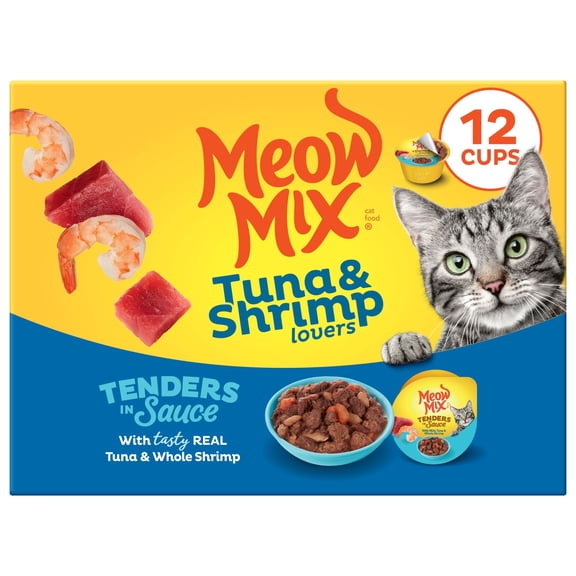 Meow Mix Tenders in Sauce with REAL Tuna & Whole Shrimp, Wet Cat Food, 2.75 oz Cup, 12 Pack