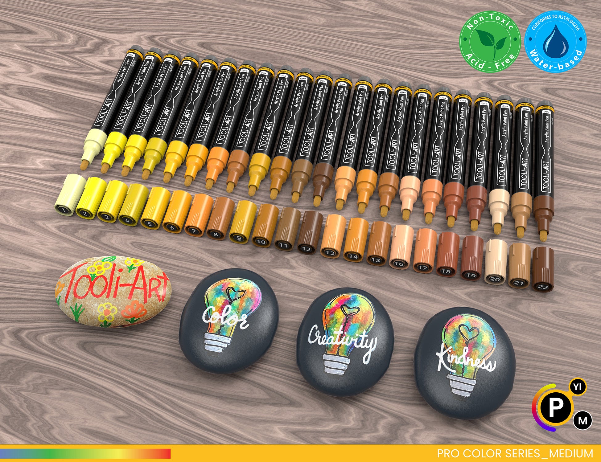 Tooli-Art Acrylic Paint Pens Yellow and Brown Pro Color Series Set with 3mm Medium Tip Marker Set of 22