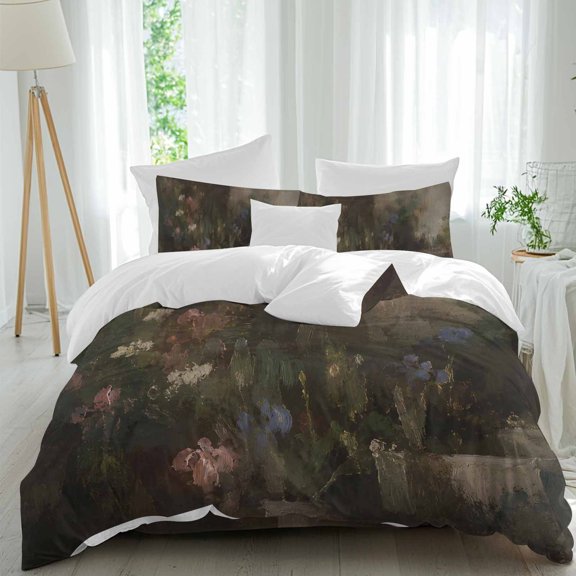 Abstract Flowers Queen Duvet Cover Set, Country Vintage Blue Pink Floral Forest Green 4 Piece Microfiber Bedding Set with Zipper Closure, Bed Sheet and 2 Pillow Shams, Soft Bedding Cover