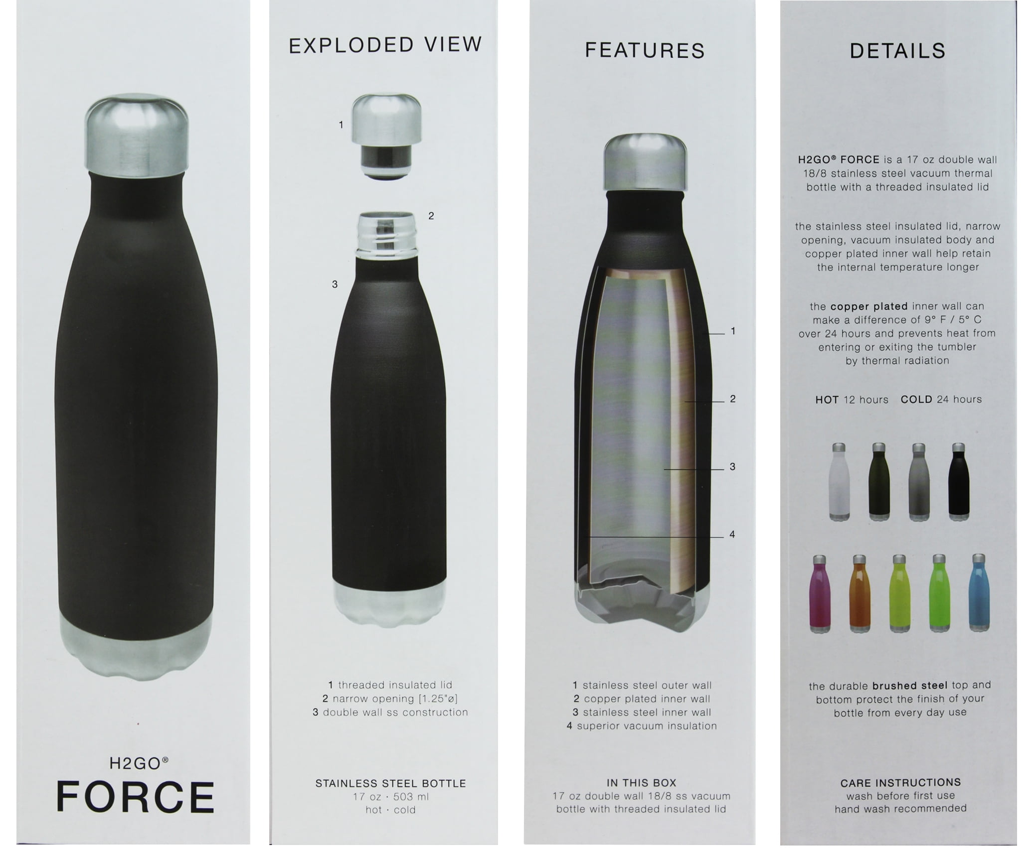 New H2GO Force Stainless Steel 17 oz. Double Wall Vacuum Thermal Bottle