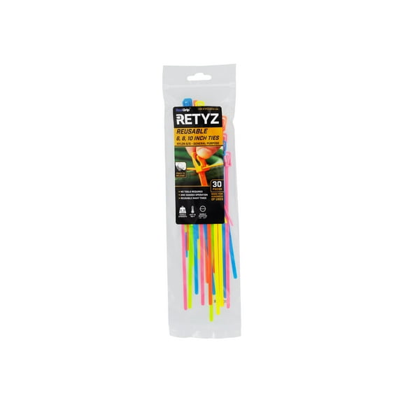 6 Inch Mini, 8 Inch, and 10 Inch 5-Color Neon Variety Pack Releasable/Reusable Cable Tie - 30 Pack