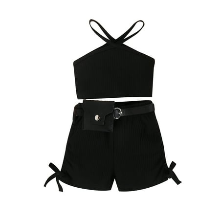 

TFFR 2pcs Kids Girls Ribbed Sleeveless Halter Vest+Bow Short Pants+Waist Bag