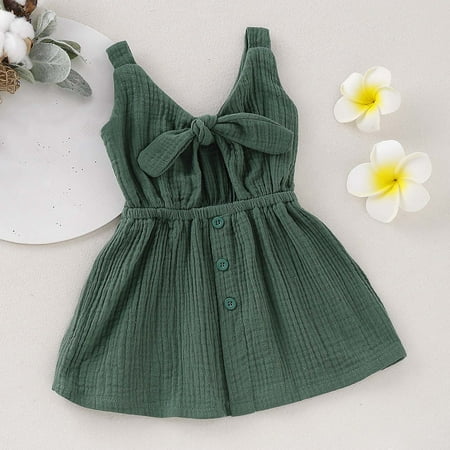 

QISIWOLE Toddler Kids Baby Girls Cute Solid Color Breathable Hollow Out Bow Suspenders Dress Skirt Flash picks