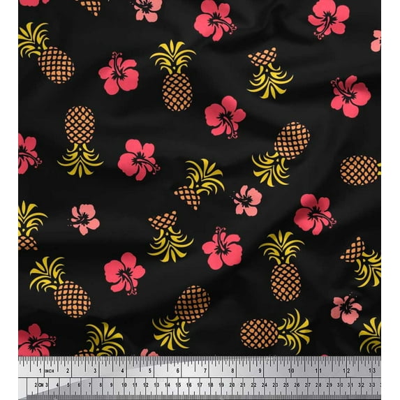 Soimoi Black Cotton Duck Fabric Floral & Pine Fruits Printed Craft Fabric by the Yard 42 Inch Wide