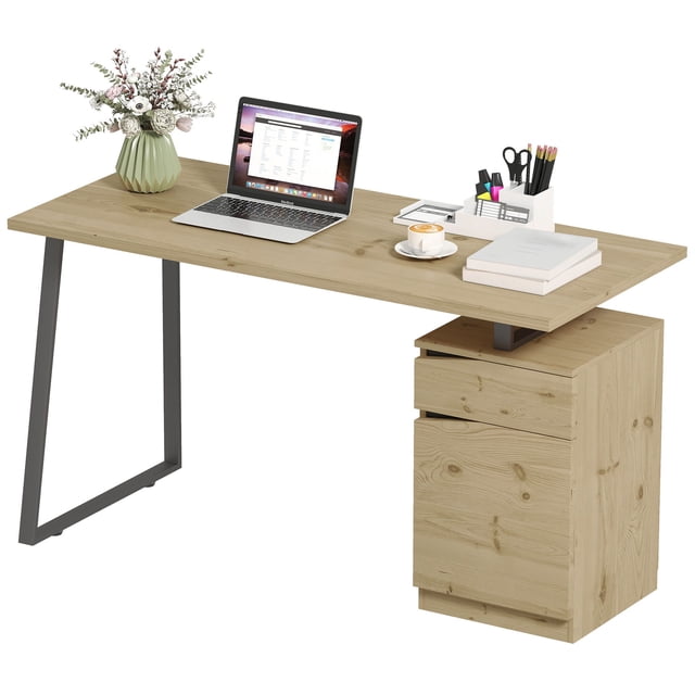 53" Natural Wood Computer Desk with Cabinet & Drawer – Home Office Writing Table for Study Room & Workspace – Adjustable Shelf Included