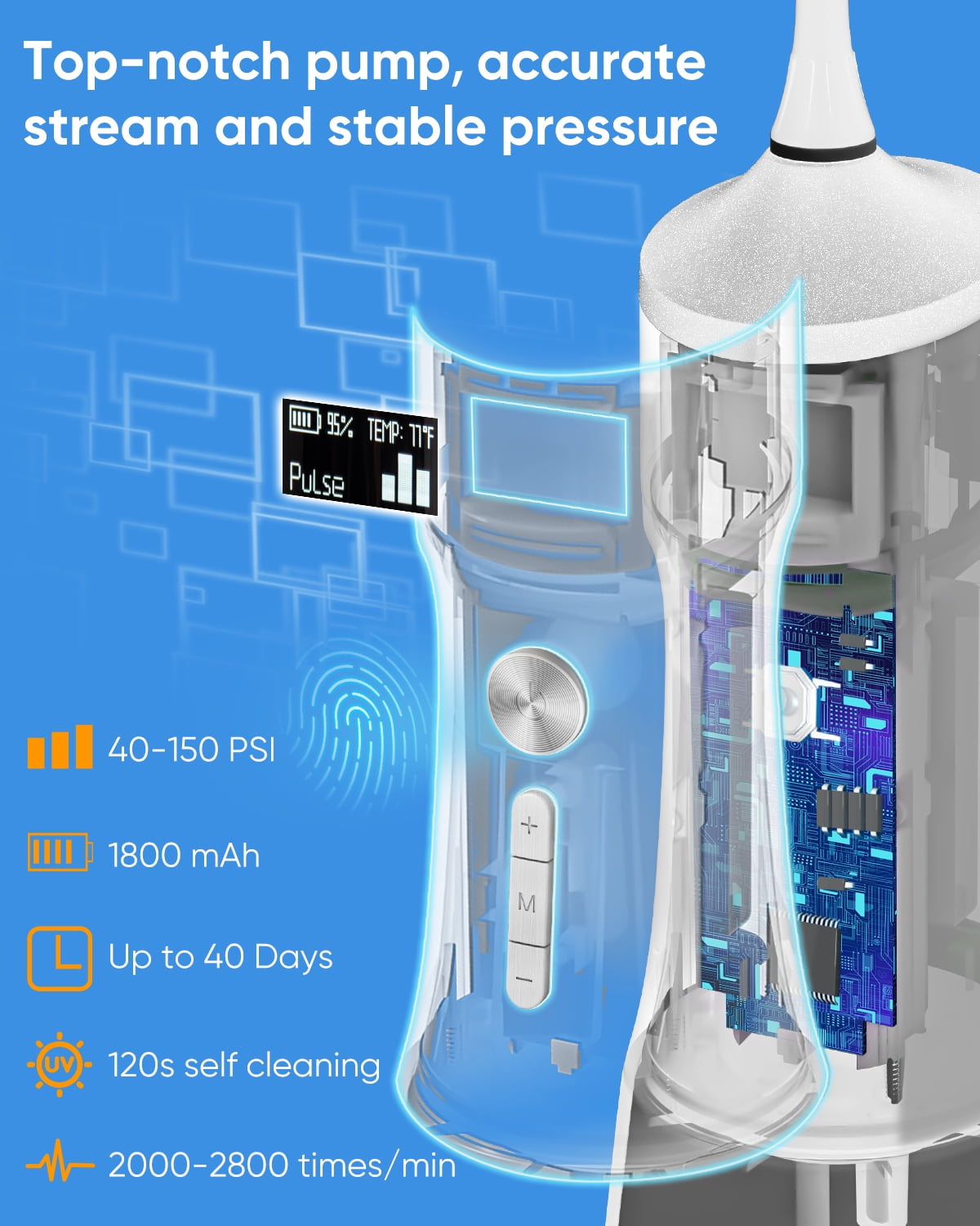 MySmile LP221 OLED Cordless Water Flosser with UVC Sterilizer Light, Portable Oral Irrigator Electric Dental Flosser Picks for Teeth Cleaning, Braces, Gums, 5 Modes, 8 Jet Tips, Travel Bag, White