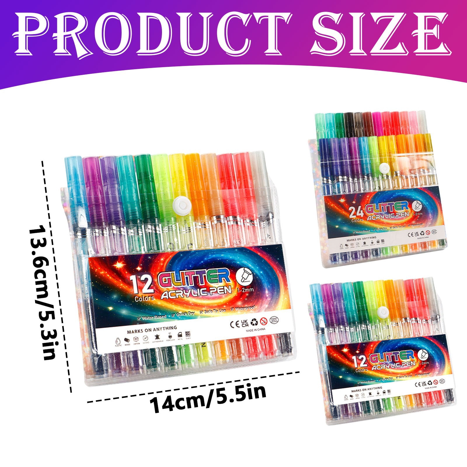 Glitter Acrylic Paint Pens - Water Based Markers 1-2mm Tips for Painting, Journaling, DIY Crafts & Rock Painting - 12 Color Set