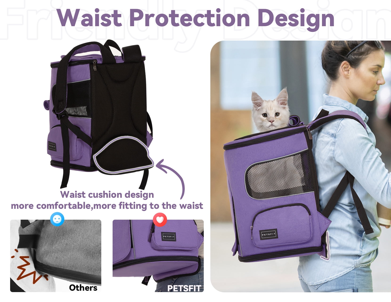 PETSFIT Cat Backpack Carrier with Upgraded Waist Protection,Pet Backpack for Small Dogs and Cats, Ideal for Outdoor Traveling, Hiking, and Camping (Purple)