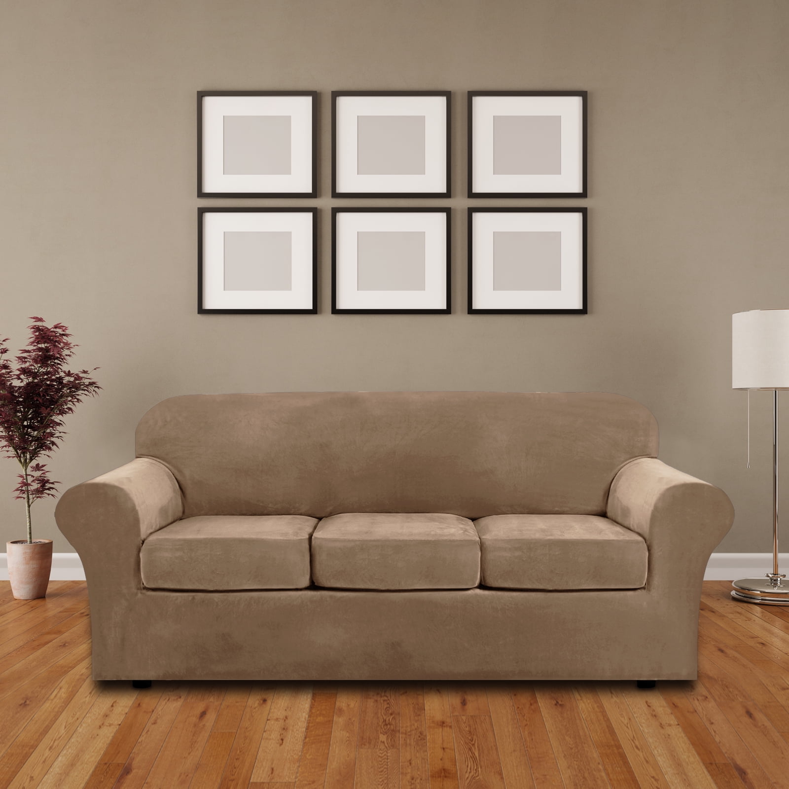 Topchances Velvet Plush 4 Piece Stretch Sofa Covers Couch Covers for 3 Cushion Couch 3 Seater Covers (Base Cover Plus 3 Individual Cushion Covers) Feature Thick Soft Stay in Place