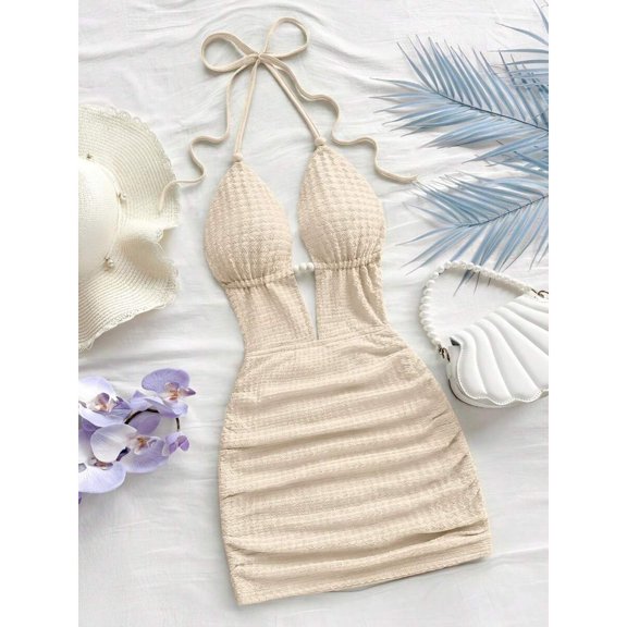 Apricot Textured Halter Deep V-Neck Bodycon Mini Dress With Tie Back And Pearl Detail