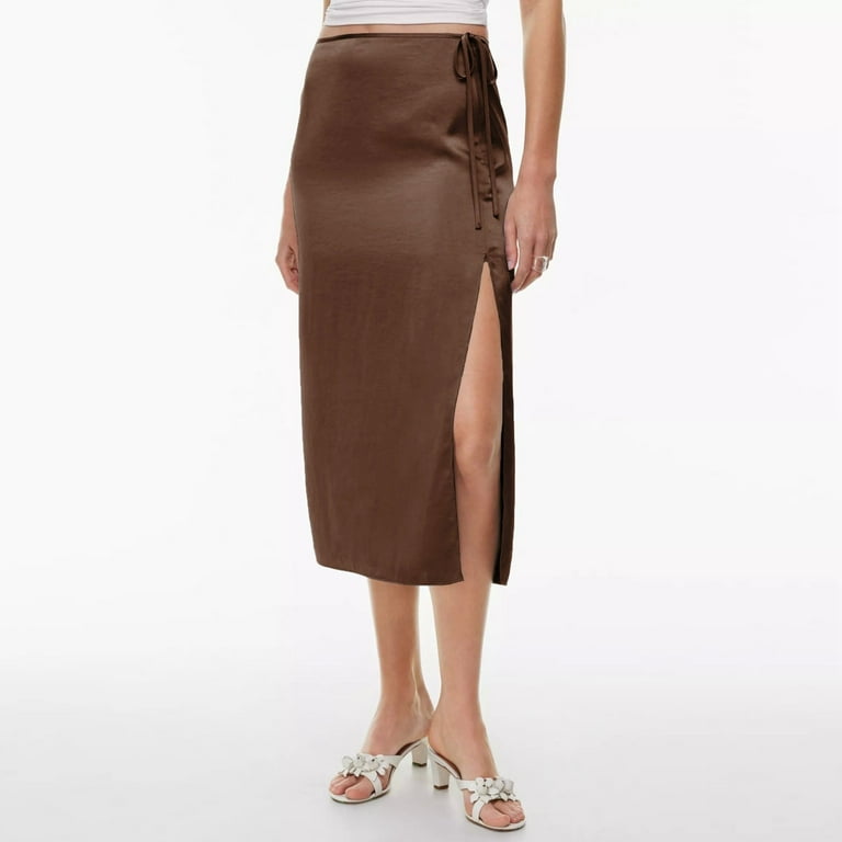 スカート Double Satin Long Skirt / Brown Satin Maxi Length Skirt Brown 100% Real Silk Maxi Long A