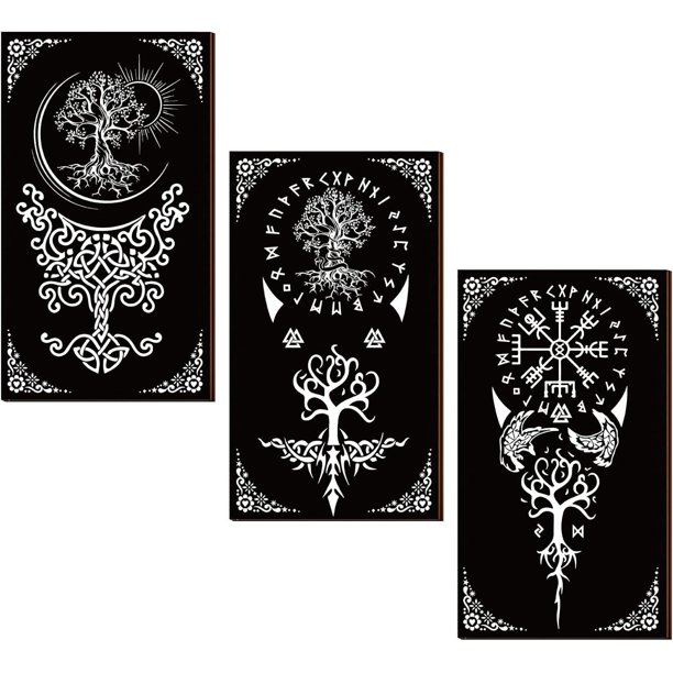 3 piezas de arte de pared con diseño de árbol de la vida, decoración de brujas de madera, frontones de pared de brujas góticas de yoga, colgante de madera, letrero de pared de granja de diamantes