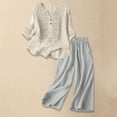 thumbnail image 2 of Women's Casual Solid Color Cotton Linen Embroidered Pants Suit Set, 2 of 8
