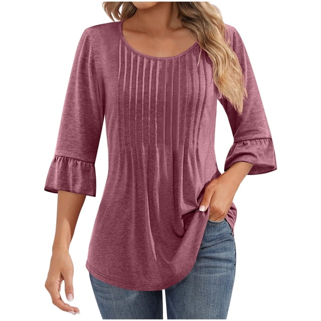 MeetoTime Tuniques pour Femmes Manches 3/4 Décontractées Col Rond Plissé Couleur Unie T-Shirt Pull