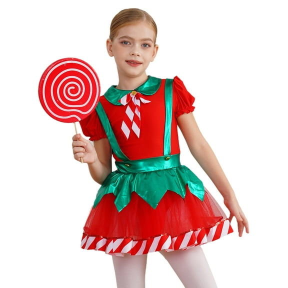 iiniim Kids Girl Puff Sleeve Christmas Elf Dress Striped Tutu Dress Santa Claus Fancy Dress up Red 8