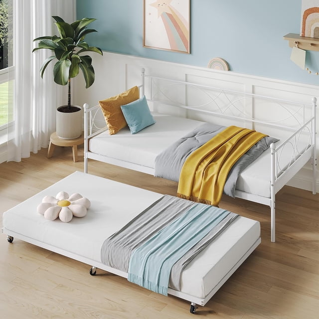 Bingirl Twin Daybed with Trundle for Bedroom (Modern, White)