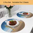 thumbnail image 5 of Blue Brown Round 15 Inch Placemats Set of 2, Vintage Farmhouse Gradient Wooden Grain HeatResistant Non Slip Place Mats for Dining Table, Wipeable Braided Kitchen Table Mats for Housewarming, 5 of 9