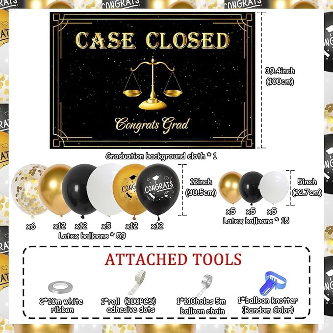 Case Closed Party Decorations, Class of 2026 Law School Graduation Party Decor, Congrats Lawyer Gard Backdrop, Black Gold Balloon Garland Arch Kit for Future Lawyer Graduation Party Supplies