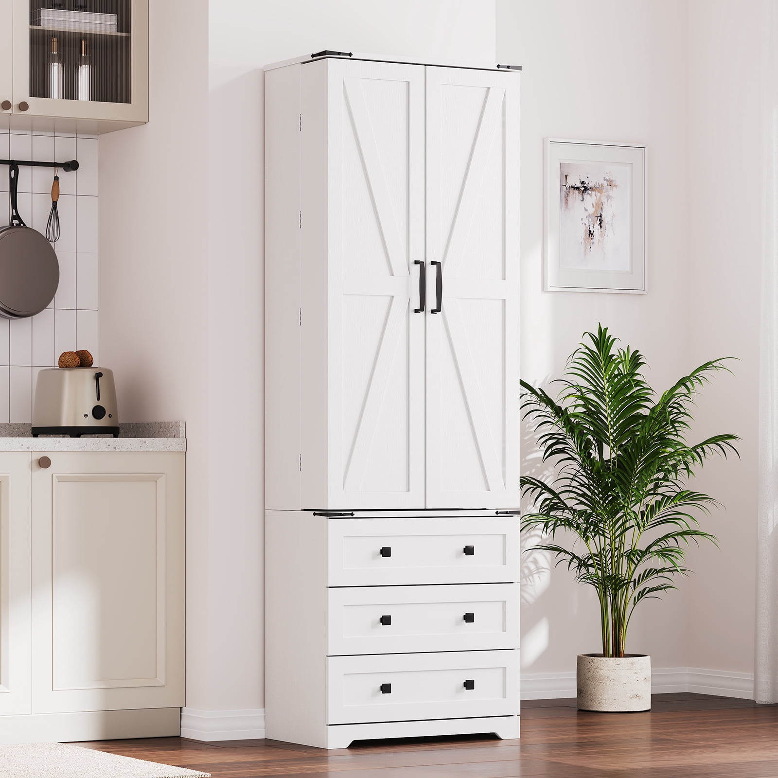 72" Tall Kitchen Pantry Cabinet with 3 Drawers&2 Barn Doors, Farmhouse  Storage Cabinet with Adjustable Shelves for Kitchen, Dining Room and Living Room
