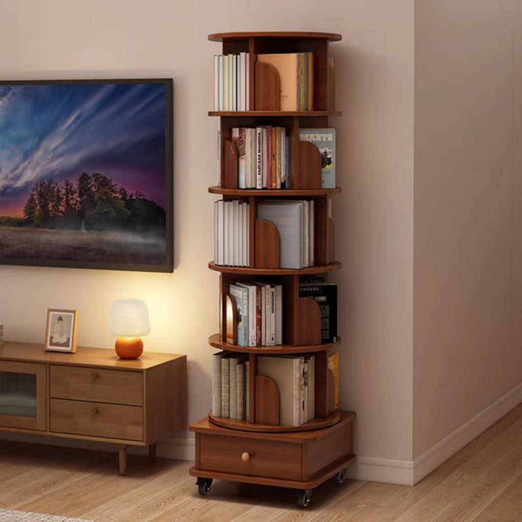 6-Tier Rotating Bookshelf with Wheels, 360° Spinning Corner Bookcase, Modular Space-Saving Storage Rack for Small Spaces, Bedroom, Living Room, Walnut Brown