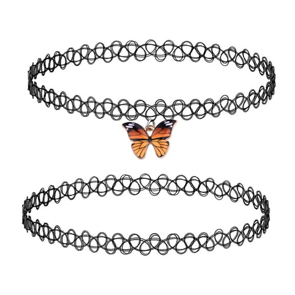 2Pcs Black Stretch Choker Necklaces, Elastic Lace Choker Set with Butterfly Pendant, Vintage Short Neck Collar Jewelry for Women Halloween Gifts