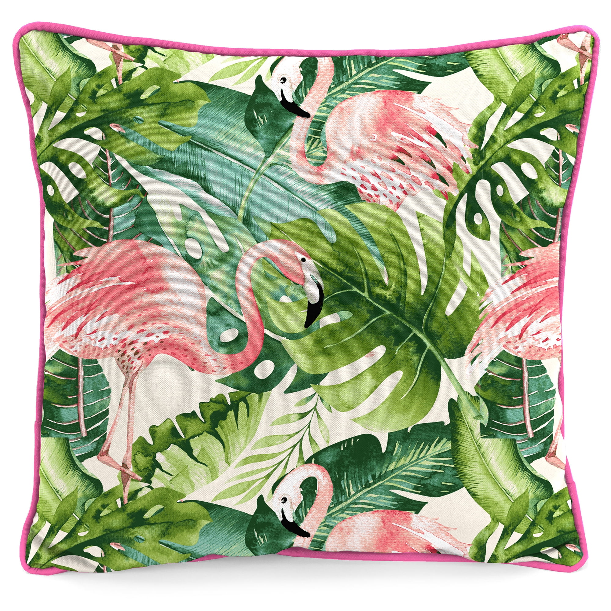 Jordan Manufacturing 16" x 16" On Island Time Flamingo Cream Novelty and Multicolor Leaves Reversible Square Outdoor Throw Pillow