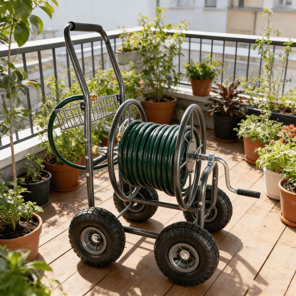Garden Hose Reel Cart - 4 Wheels Portable Garden Hose Reel Cart with Storage Basket Rust Resistant Heavy Duty Water Hose Holder