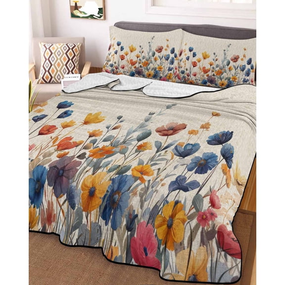 Colorful Spring Floral King Size Down Alternative Comforter, Lightweight Comforter Quilt Bedding Set with Pillow Shams Elegant Summer Botanical Rustic All Seasons Bed Comforter Duvet Insert 96"x106"