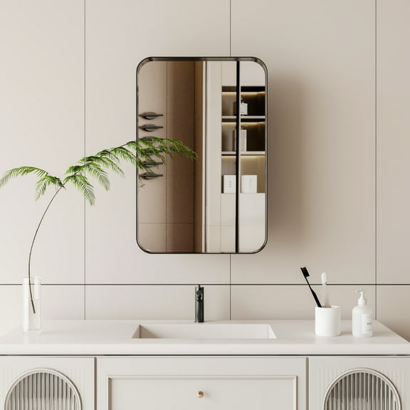 Noble House Modern Recessed Medicine Cabinet with Mirror, Metal Frame & Adjustable Glass Shelves, Matte Black