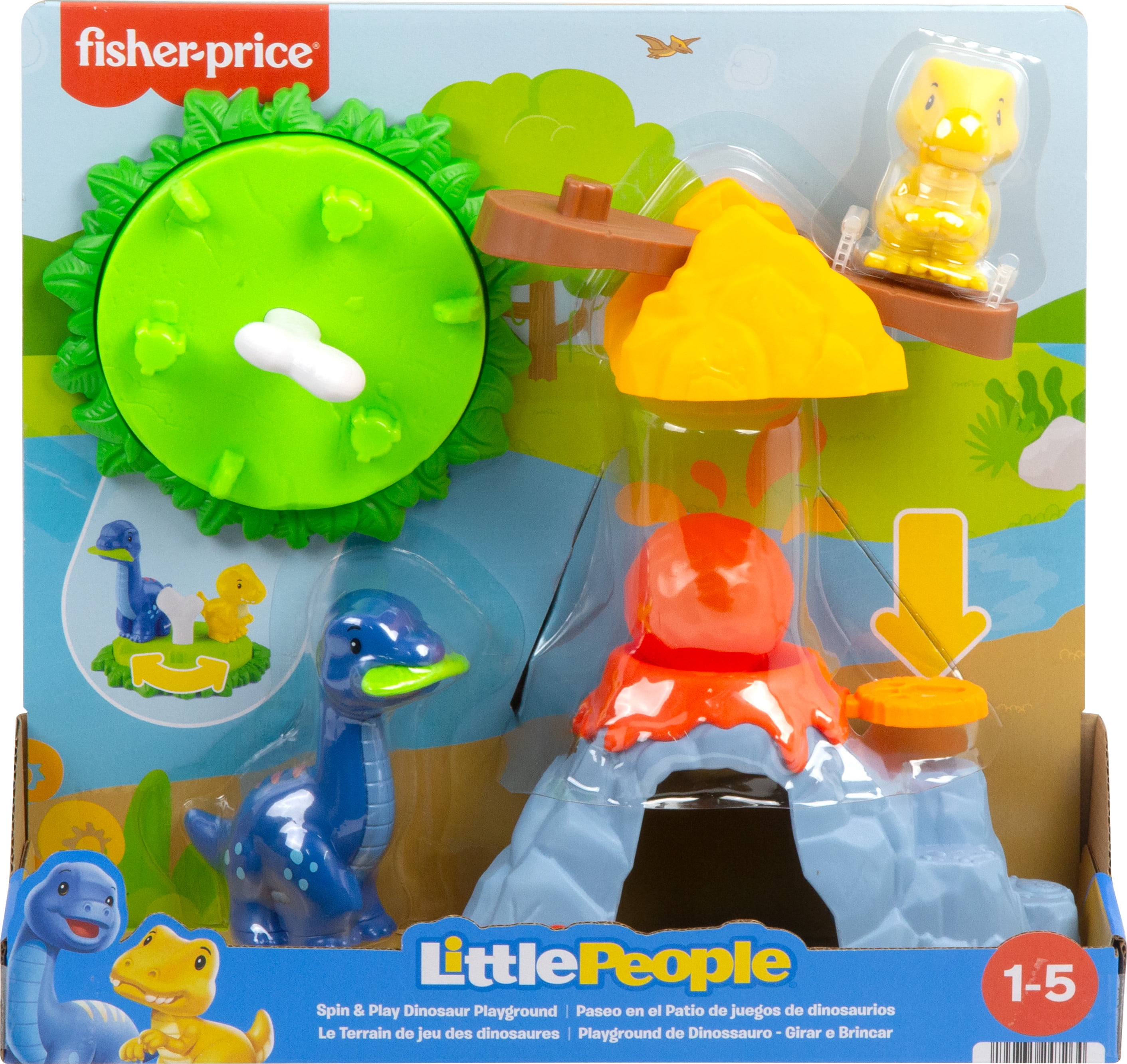 Fisher-Price Little People Le Terrain de jeu des dinosaures - Exclusivité Walmart Coffret de jeu pour tout-petits Little People avec lanceur de rochers, manège, balançoire à bascule et 2 figurines de dinosaures pour le jeu à faire semblant
