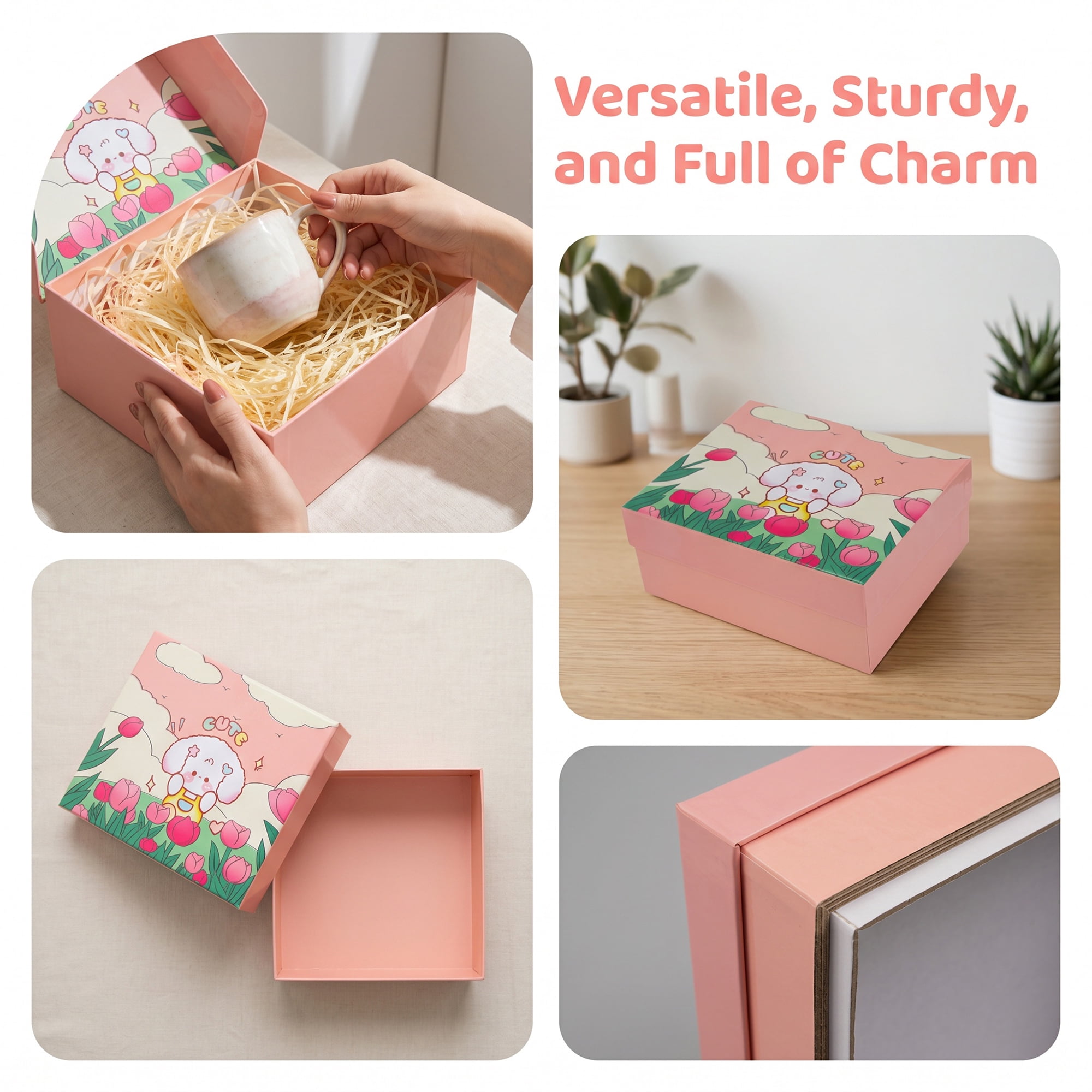 Unique Bargains Cute Cartoon Rigid Present Box Pink 10"x8.1"x3.9"
