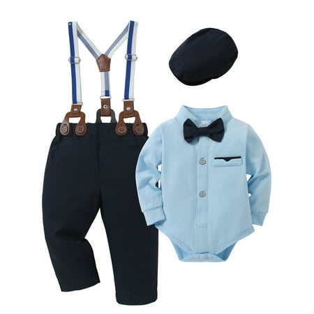 

Baby Boy Clothes Suits 3-18 Month Outfit Formal Long Sleeve Romper Beret Hat Suspender Pants Wedding