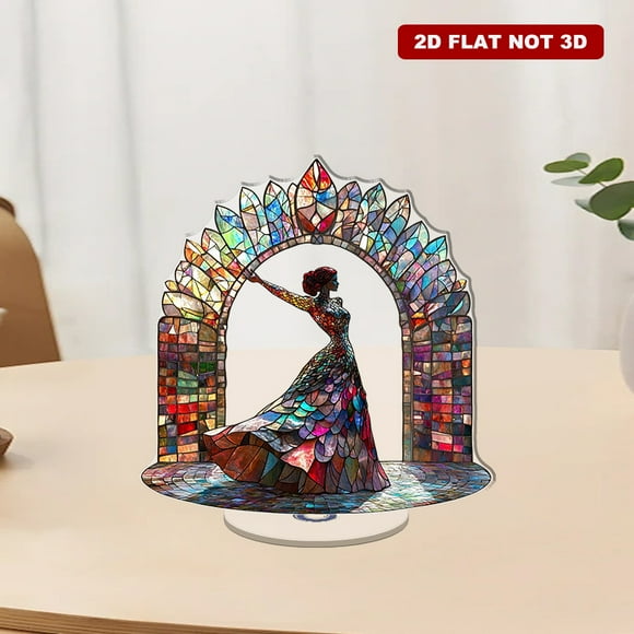 A rotating acrylic ornament featuring a Georgian lady dancing before a stained glass Holy Trinity Cathedral gate against a white background