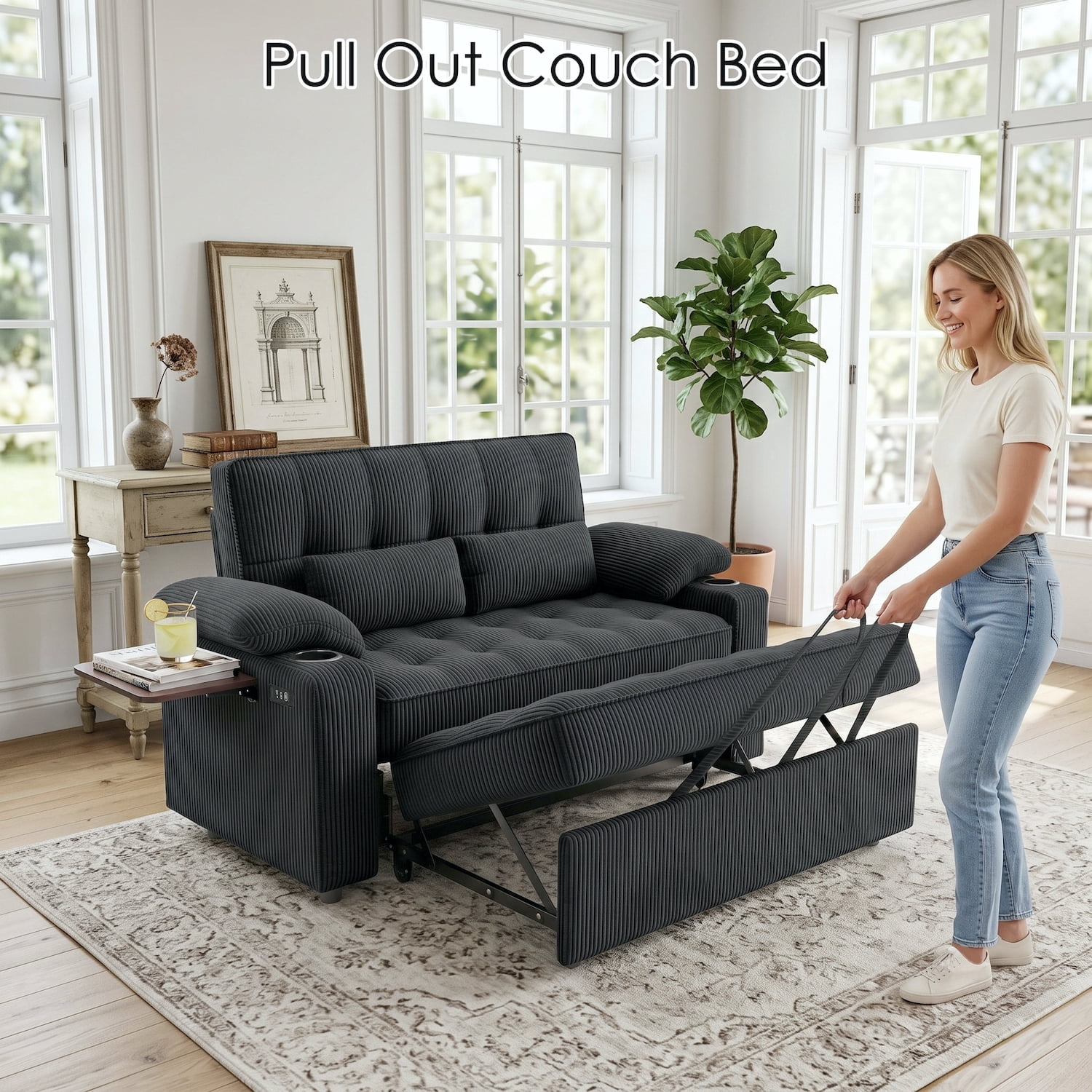 58" Convertible Sleeper Sofa Bed, Full Size Pull Out Couch with USB Charging, Cup Holders, Side Table, Adjustable Backrest, Corduroy Loveseat for Living Room, Apartment, Office (Black)