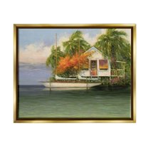 Tropical Seaside House Boat Landscape Painting Metallic Gold Framed Art Print Wall Art