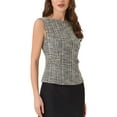 thumbnail image 4 of INSPIRE CHIC Tweed Top for Women Sleeveless Crew Neck Plaid Print Waist Zipper Buckle Back Blouse Tops XL Beige Black, 4 of 5