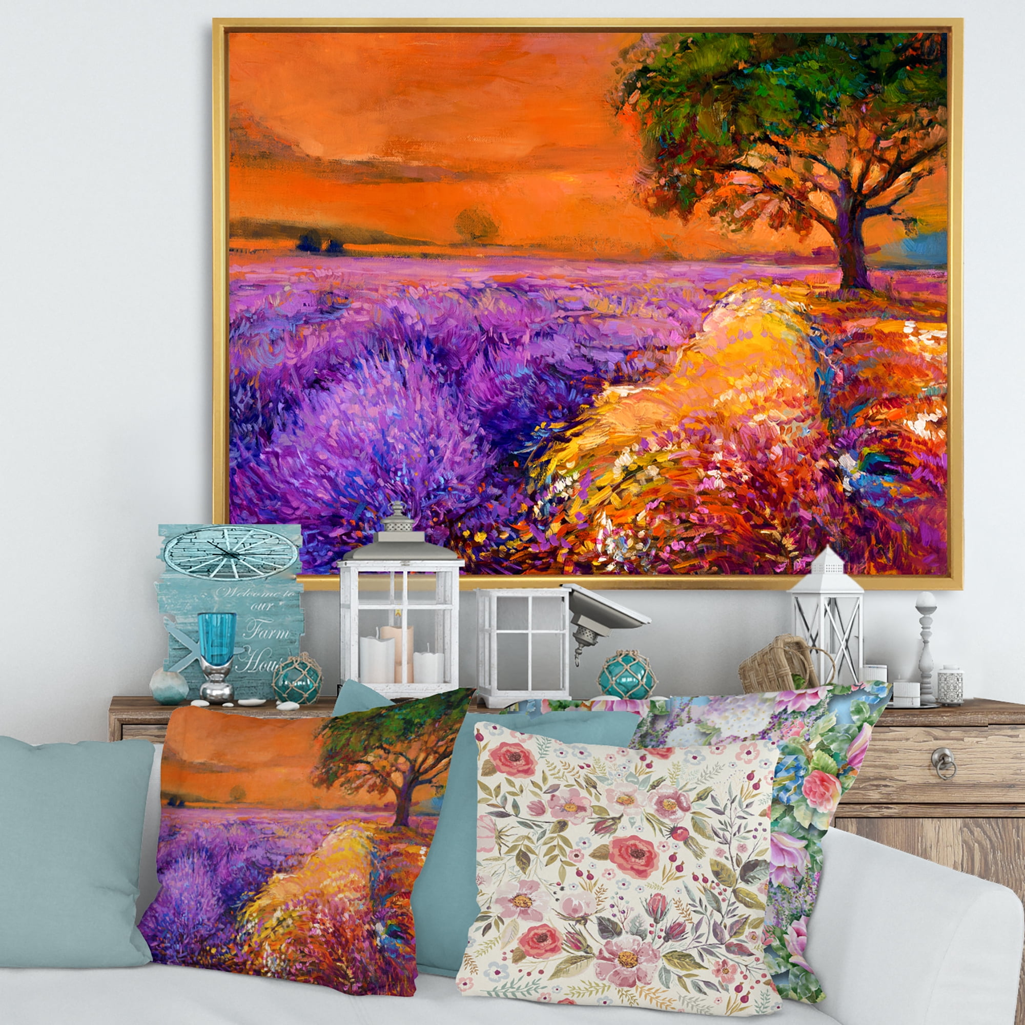 Designart 'An Orange Sunset Over Purple Lavender Fields II' Farmhouse Framed Canvas Wall Art Print
