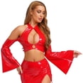 thumbnail image 3 of Yeahdor Womens Glossy Pu Crop Top Halter Off Shoulder Flared Sleeve For Clubbing Raves Red 3XL, 3 of 6