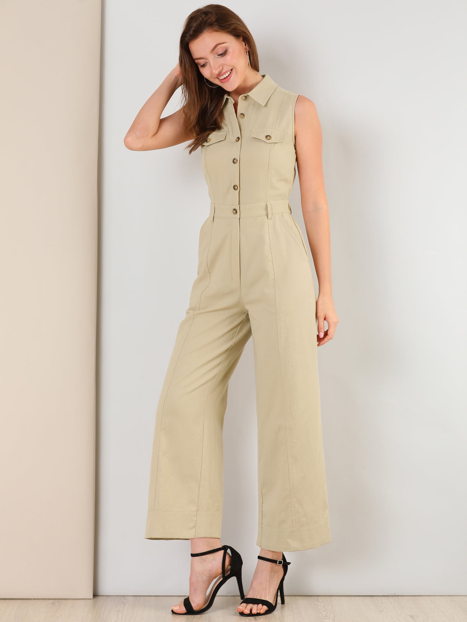 DARING DIVA Women's Wide Leg Jumpsuit Collared Tie Waist Coverall S Khaki