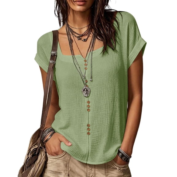 KyCheLot Womens Cotton Linen Tops Summer U Neck Solid Color Button Short Sleeve Tops Casual Beach Walking Clothes