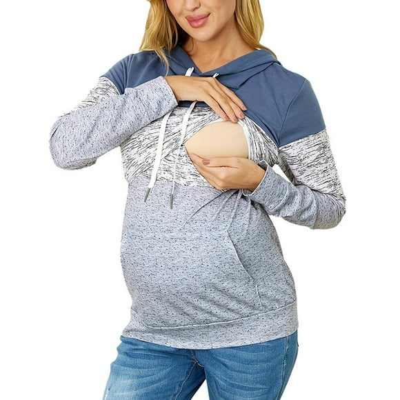 WUANDIXFA Womens Maternity Shirts Womens Maternity Long Sleeve Crew Neck Striped Printed Nursed Tops T Shirt for Breastfeeding Blue,2XL