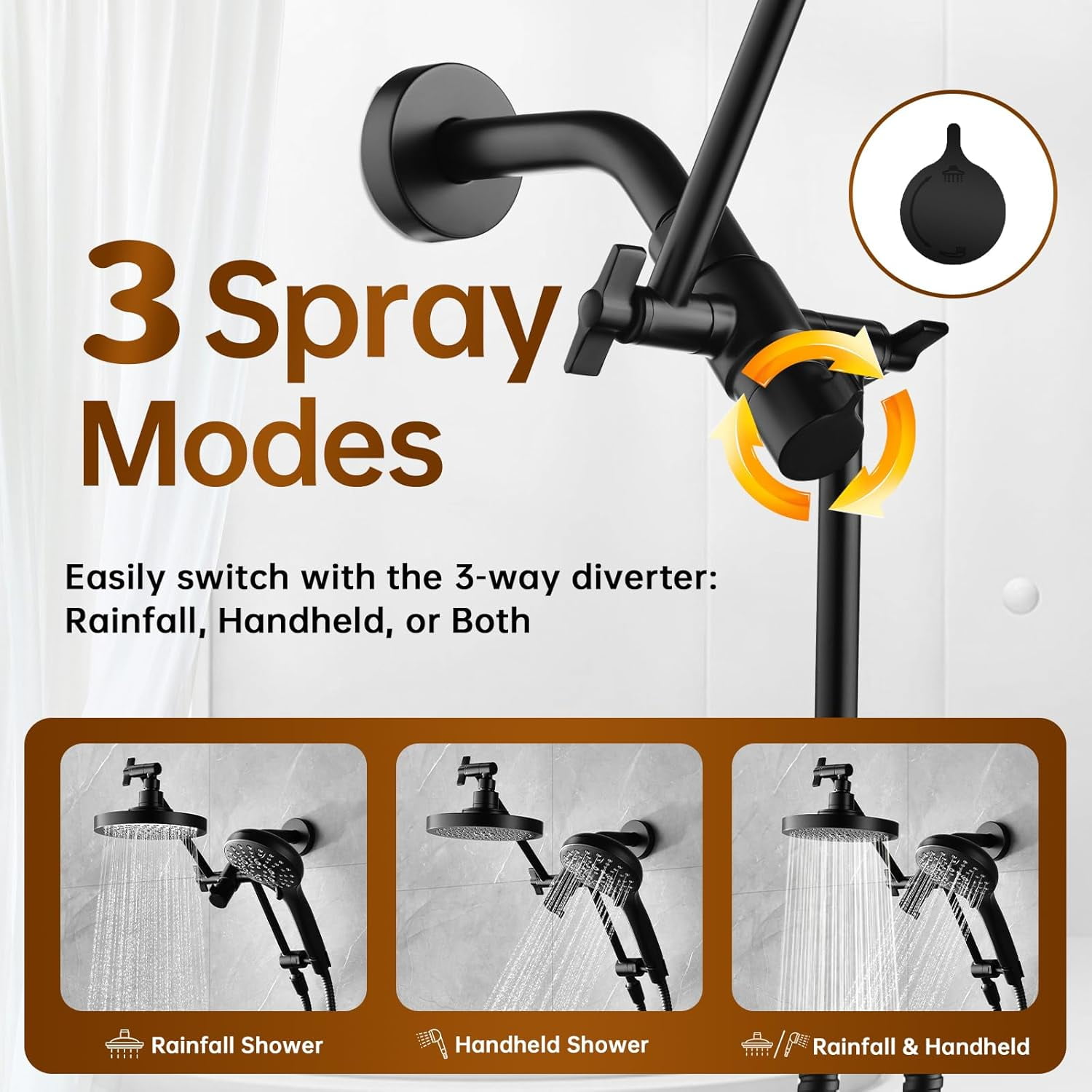 BRIGHT SHOWERS Rain Shower Head with Handheld Spray Built-in Power Wash, High Pressure Dual Shower Head with Height Adjustable Extension Arm, 3-Way Diverter, 9 Settings Handheld, 69" Hose, Chrome