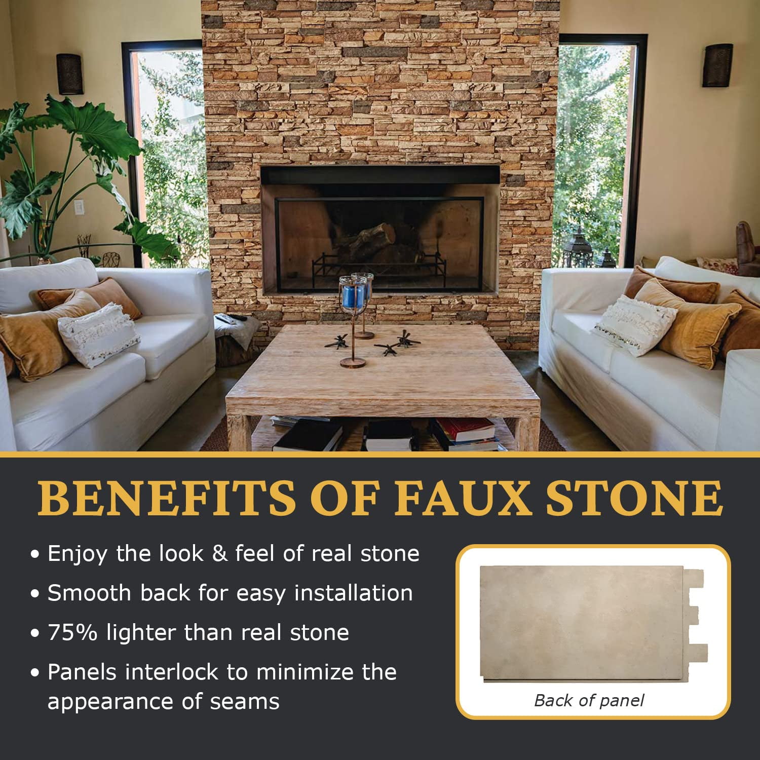 Faux Stacked Stone 3D Textured Wall Panel | Sedona | 48''L x 24''H x 2''D | 1 Panel | Cognac Brown